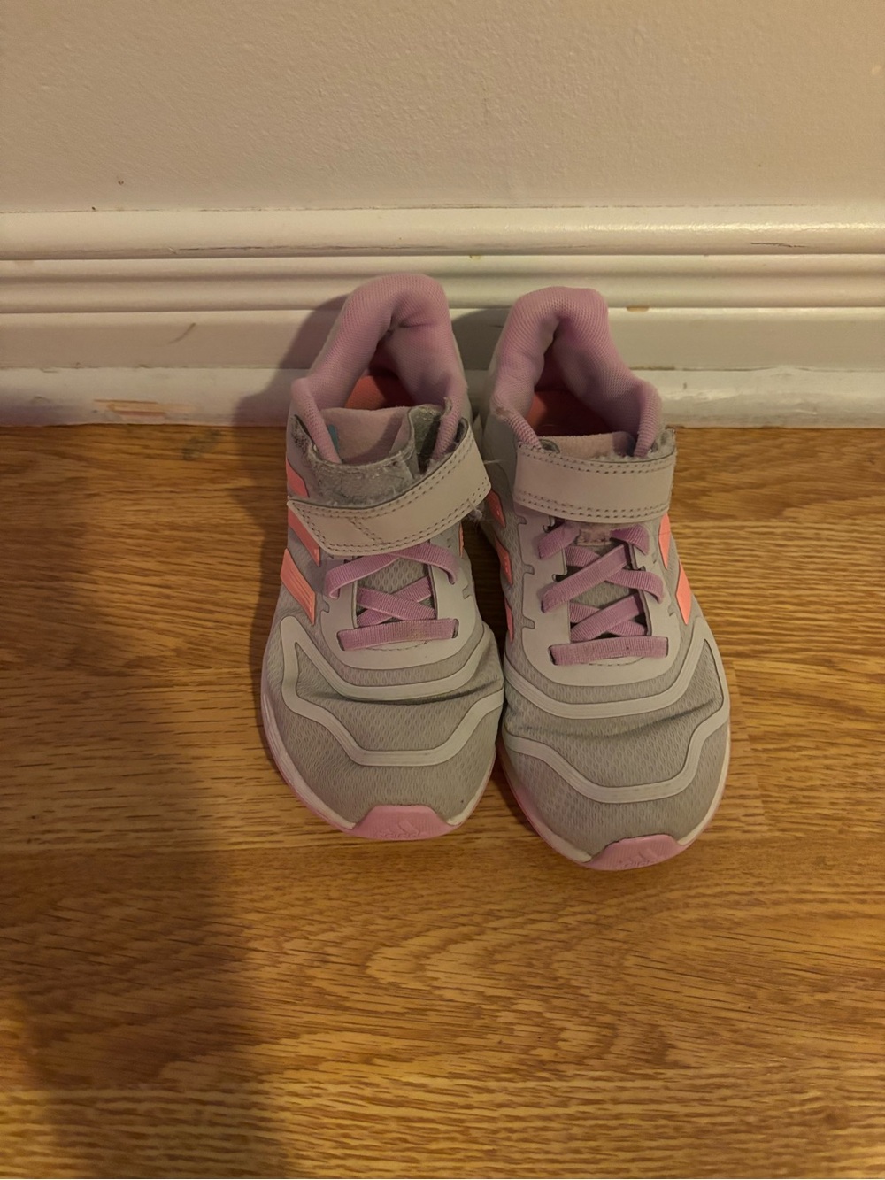 adidas Kids Gray and Pink Hook-and-Loop Sneakers